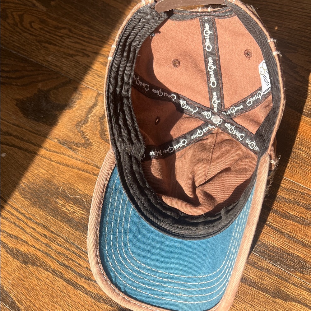 Embellished Two-Tone Rhinestone Flower Cap - Blue & Tan - Picture 4 of 4